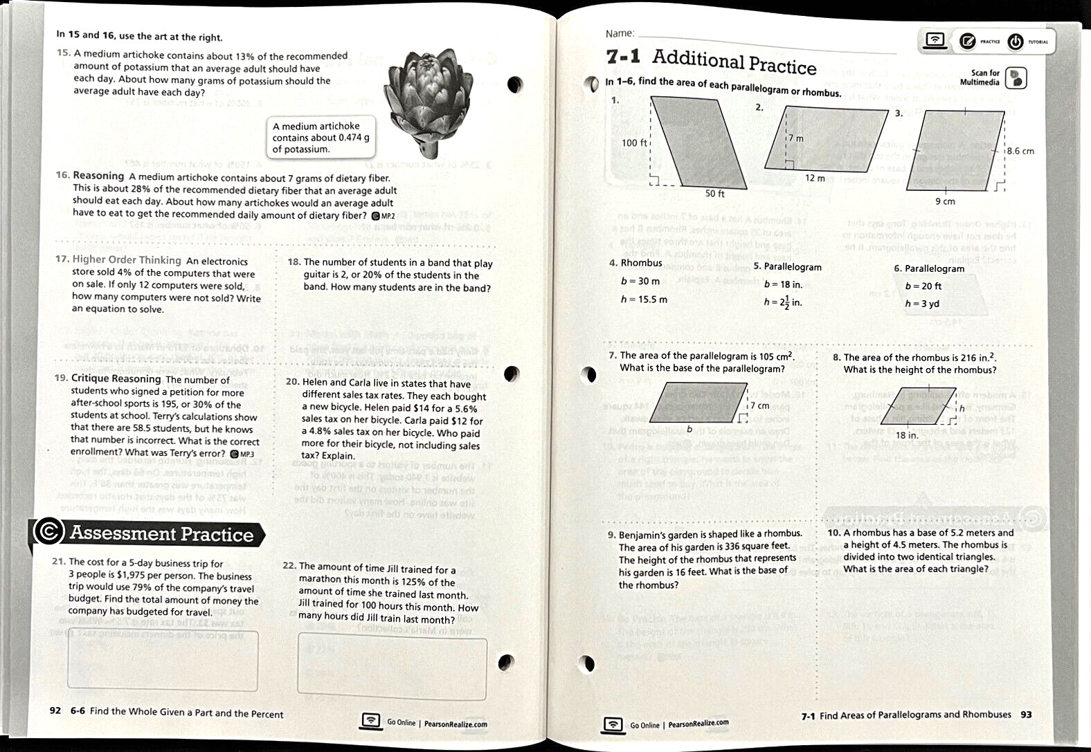 6th Grade – enVision Math 2.0 – ADDITIONAL PRACTICE WORKBOOK (Topics 1-8) (2017)