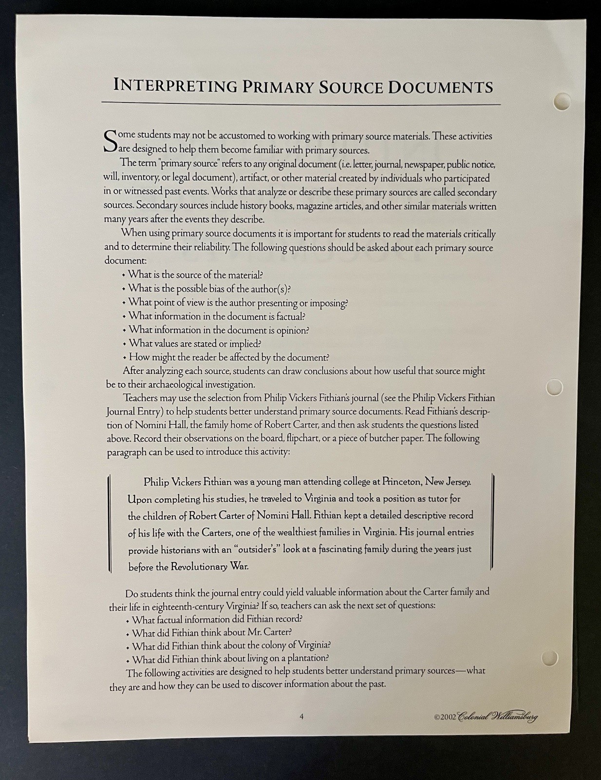 Colonial Williamsburg Archeology Classroom Simulation Printed Teacher Guide