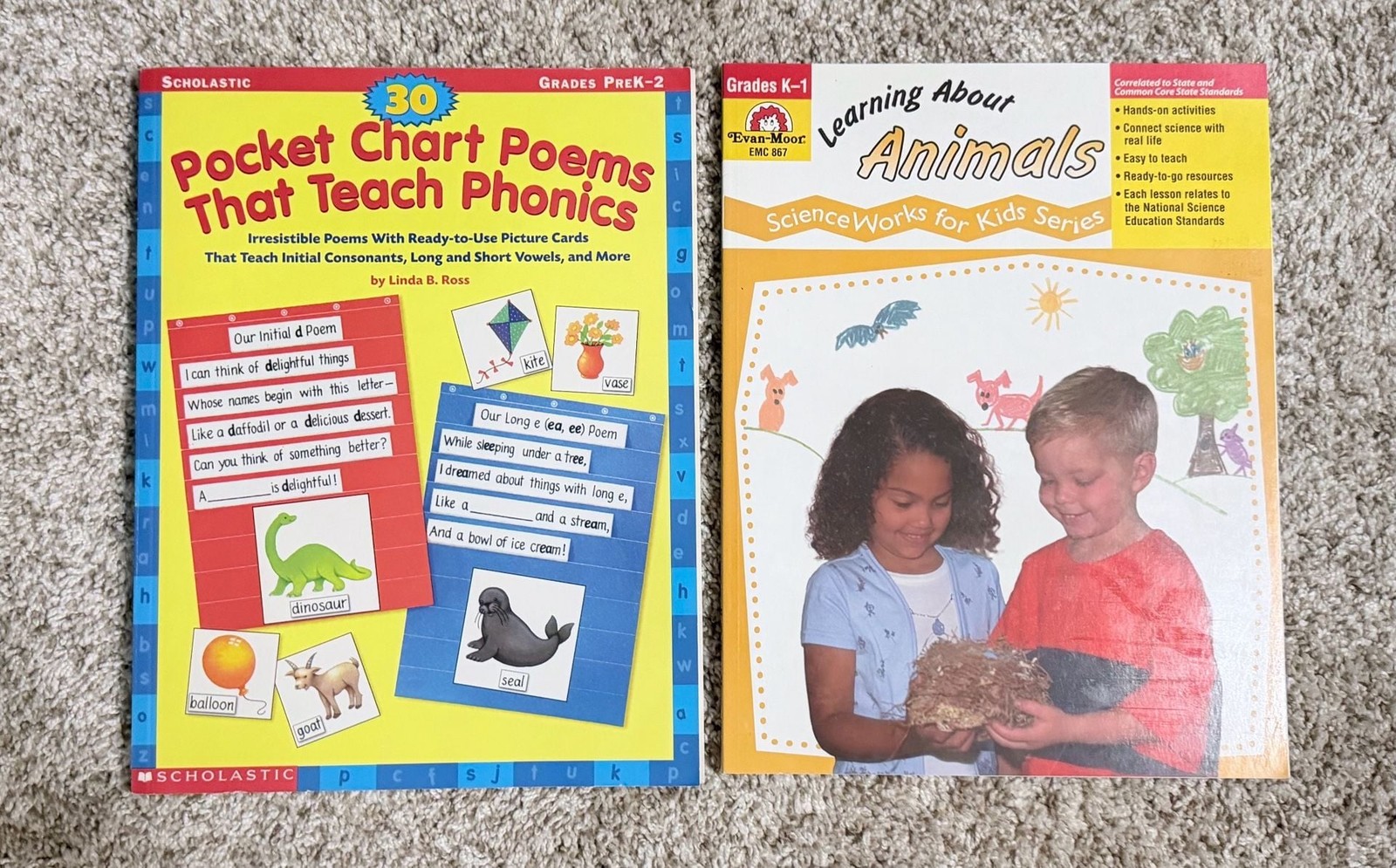 Scholastic Pocket Chart Poems Phonics & Evan-Moor Learn Animals Educational Book