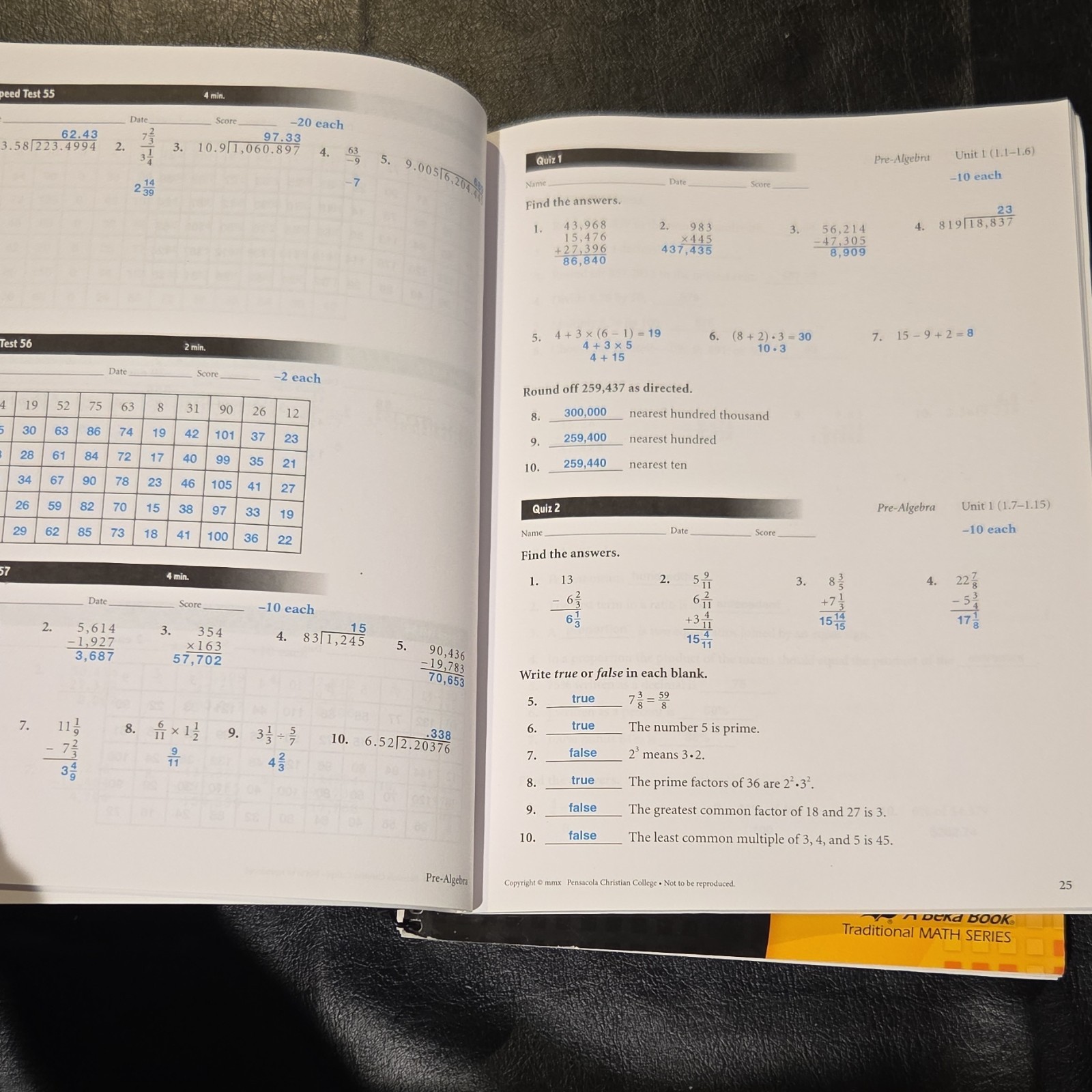 Abeka Traditional Math Pre-Algebra Solution Key Quiz/Test Teacher’s Edition