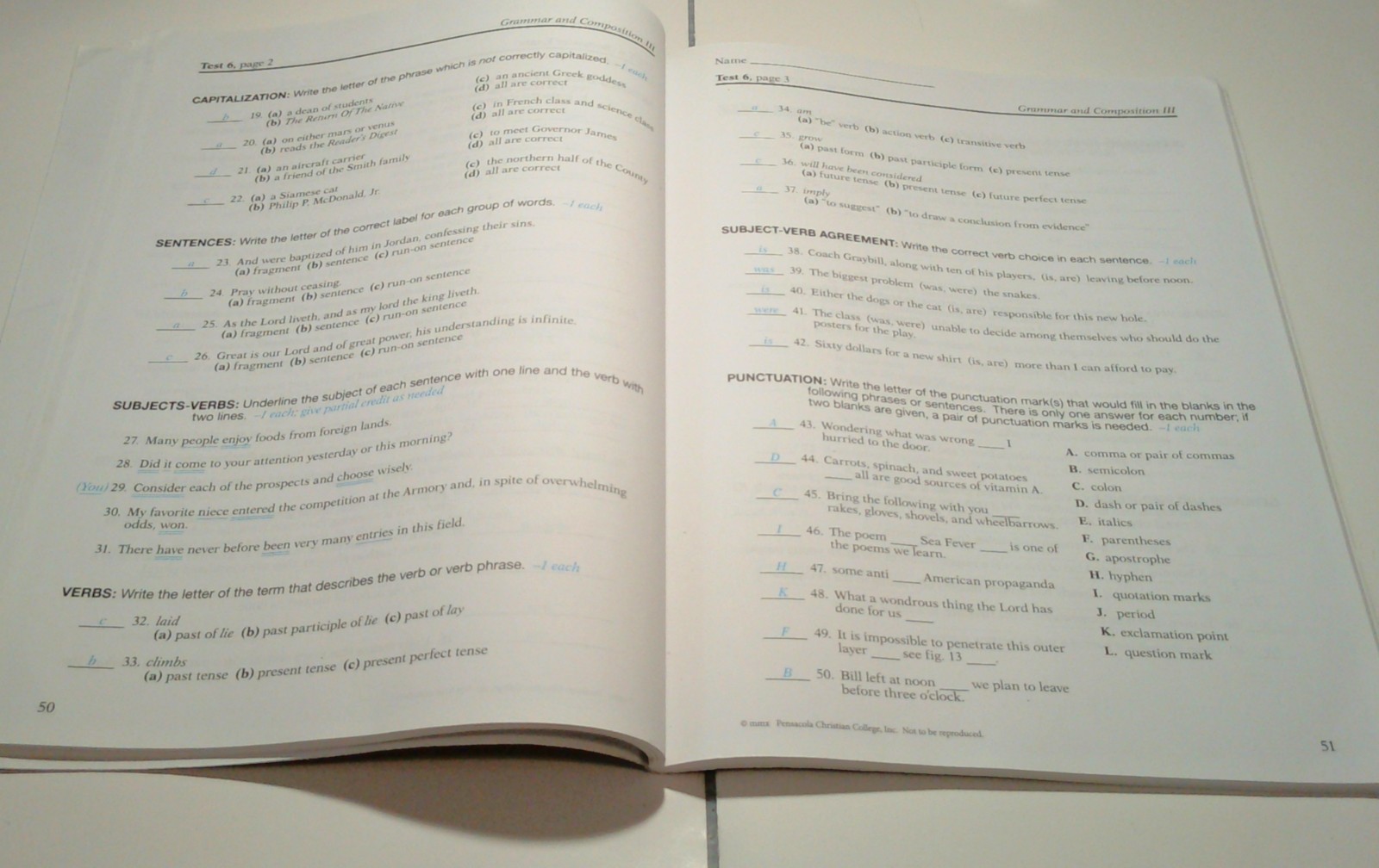 Abeka 9th Grade Grammar & Composition III 5th Ed Teacher Key And Quiz/Test Key