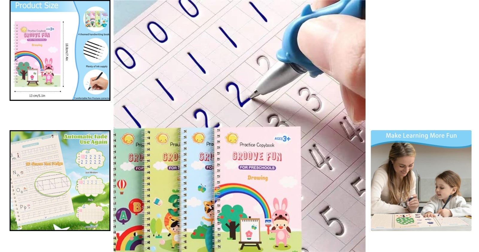 Reusable Grooved Handwriting Practice Books for Kids Ages 3-5 – Magic Ink Set