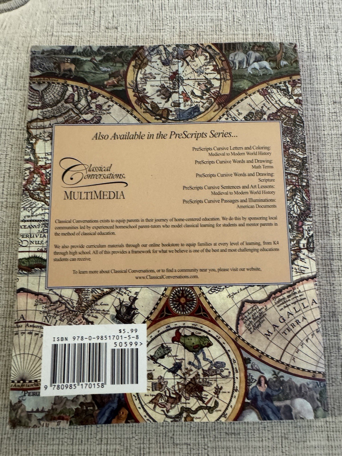 PreScripts Cursive Letters & Coloring World History Workbook New Unused