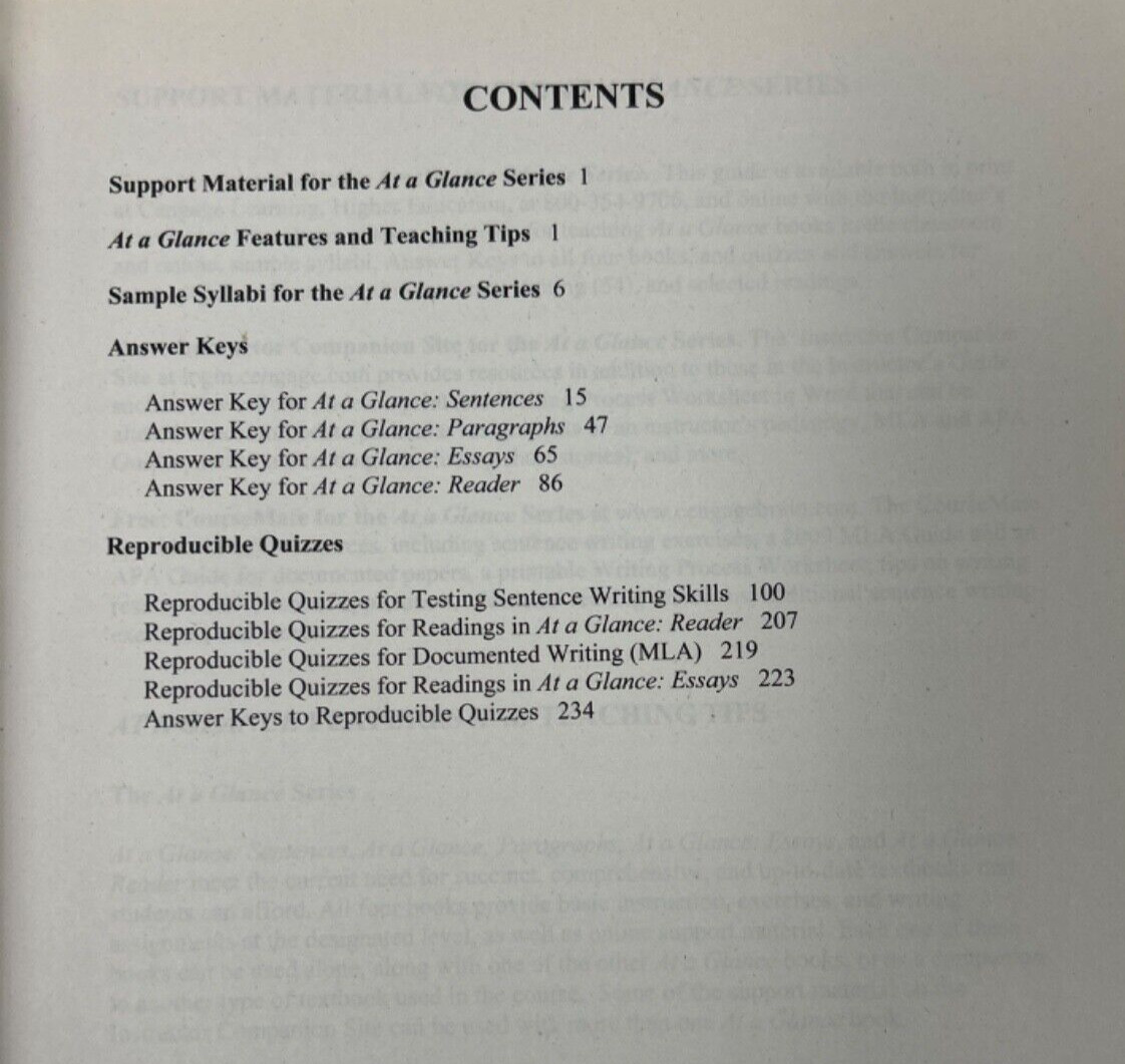 Instructor’s Guide: At A Glance – Sentences, Paragraphs, Essays, & Reader