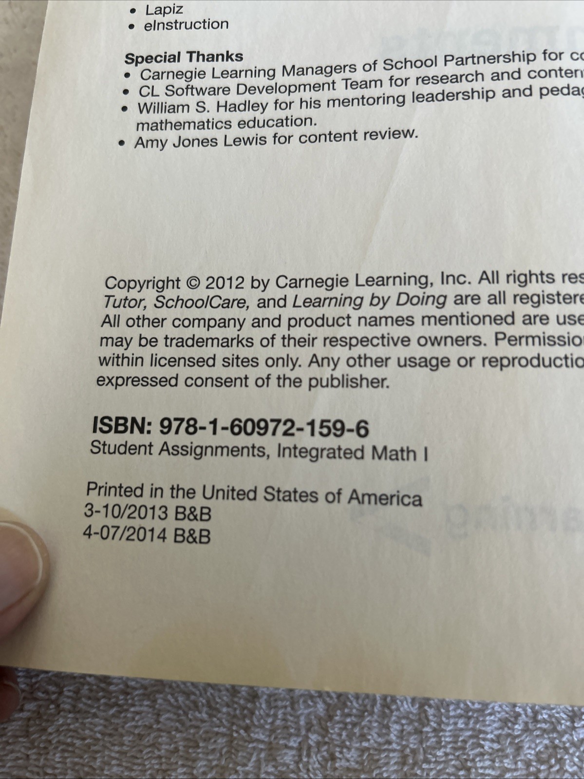 INTEGRATED MATH I CARNEGIE LEARNING * Student Assignments – good Condition*