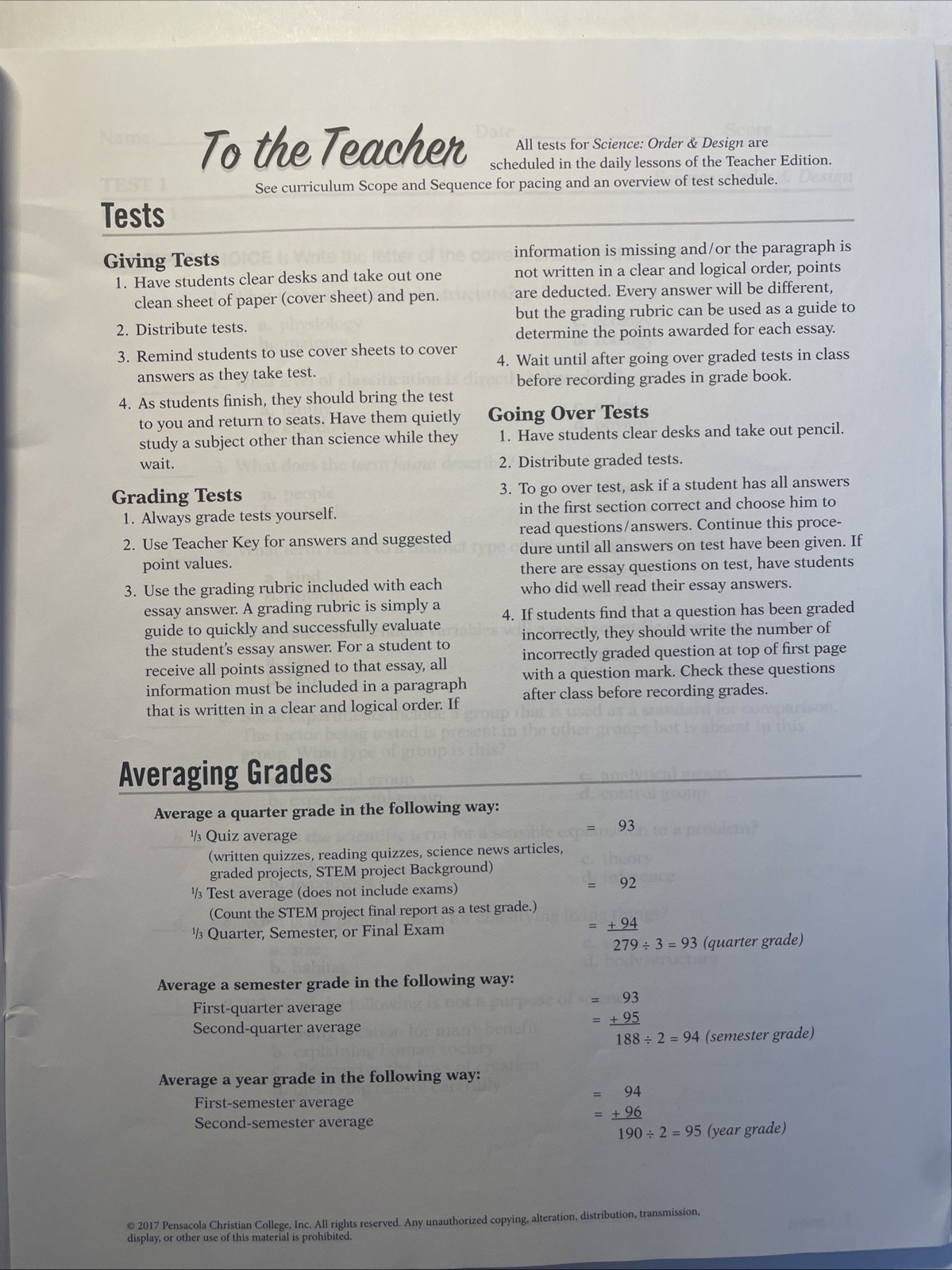 🐍🔑ABEKA 7th Grade SCIENCE ORDER & DESIGN TEACHER TEST KEY