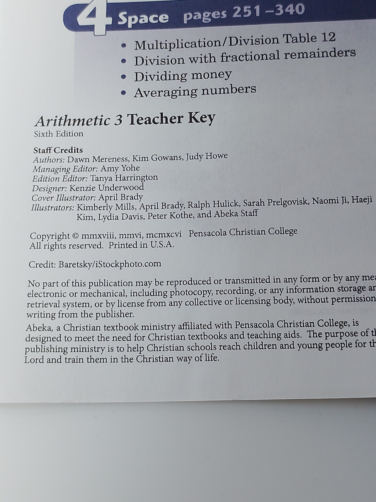 Abeka Arithmetic 3 Work-text Teacher Key Sixth Edition 2018 Spiral Bound