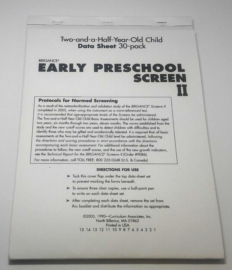 Brigand Screens Data Sheets – Early Preschool Screen II – 2 1/2 Year Old Child