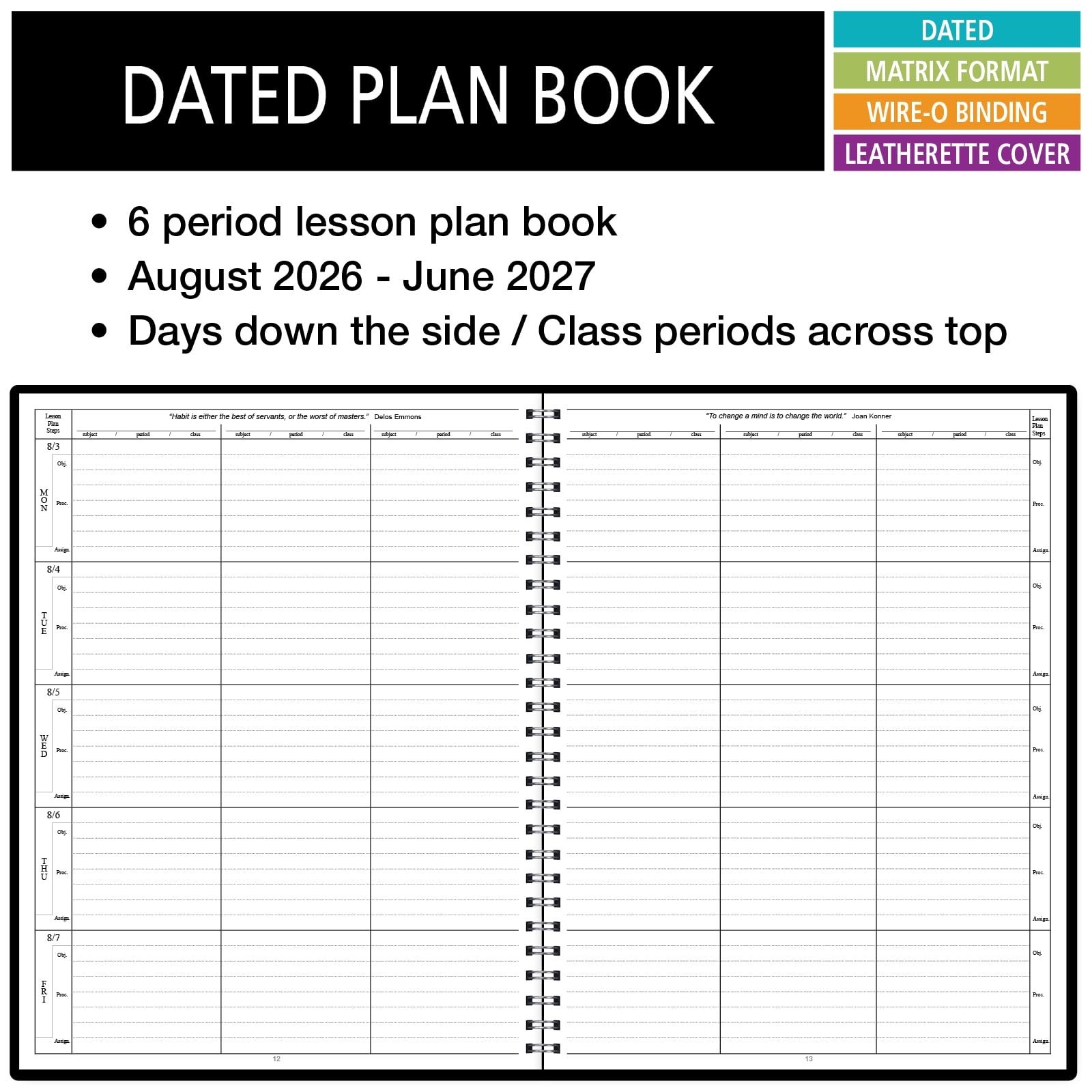 Dated Teacher Lesson Planner 2026-2027, 6 Periods, Vertical Layout, Black Cover