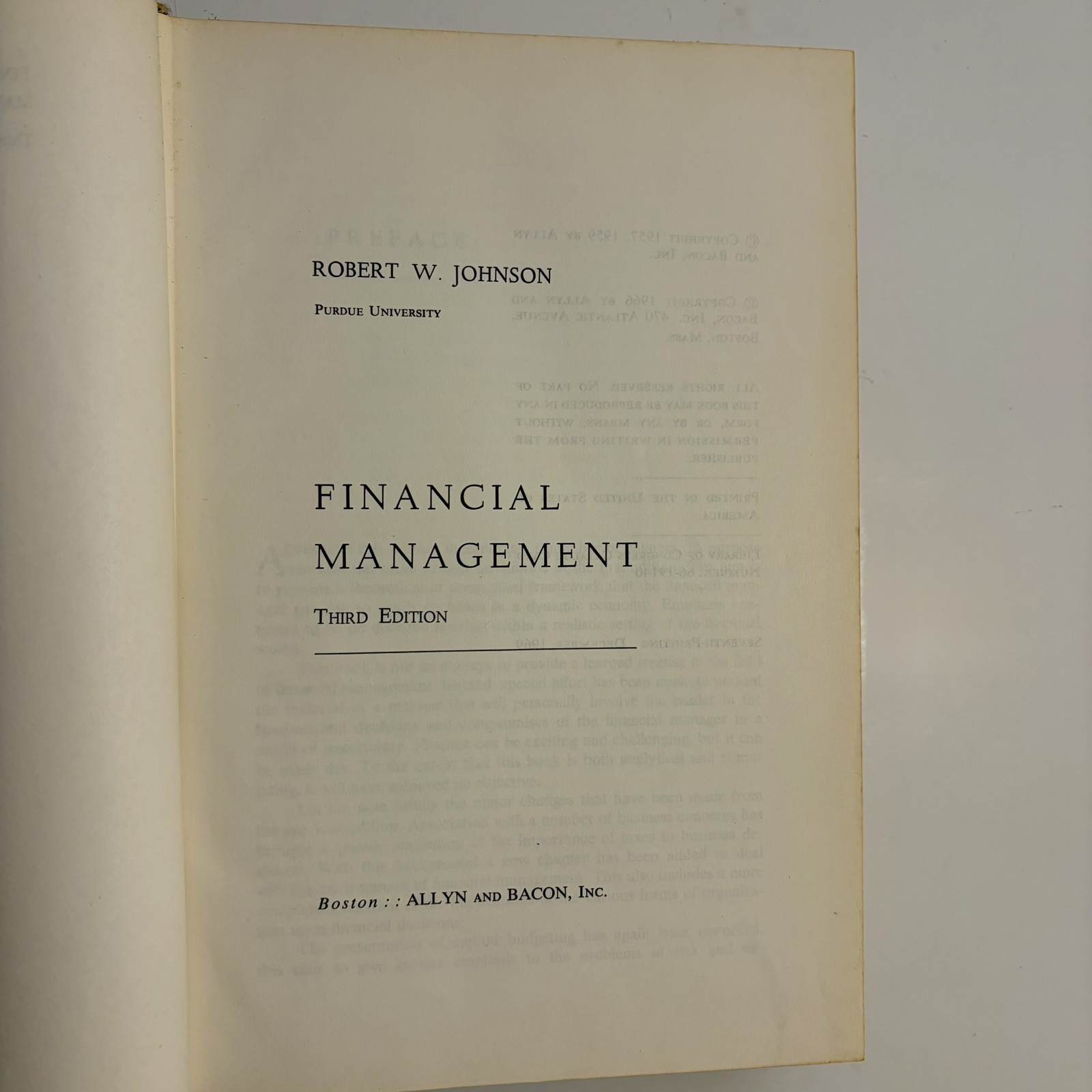 Financial Management Third Edition Textbook Robert W. Johnson 1969 Allyn & Bacon