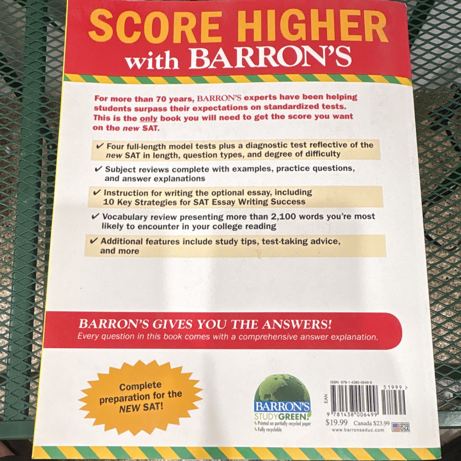 Barron’s New SAT Study Guide 28th Edition 2016 Weiner Green Wolf Stewart 936p