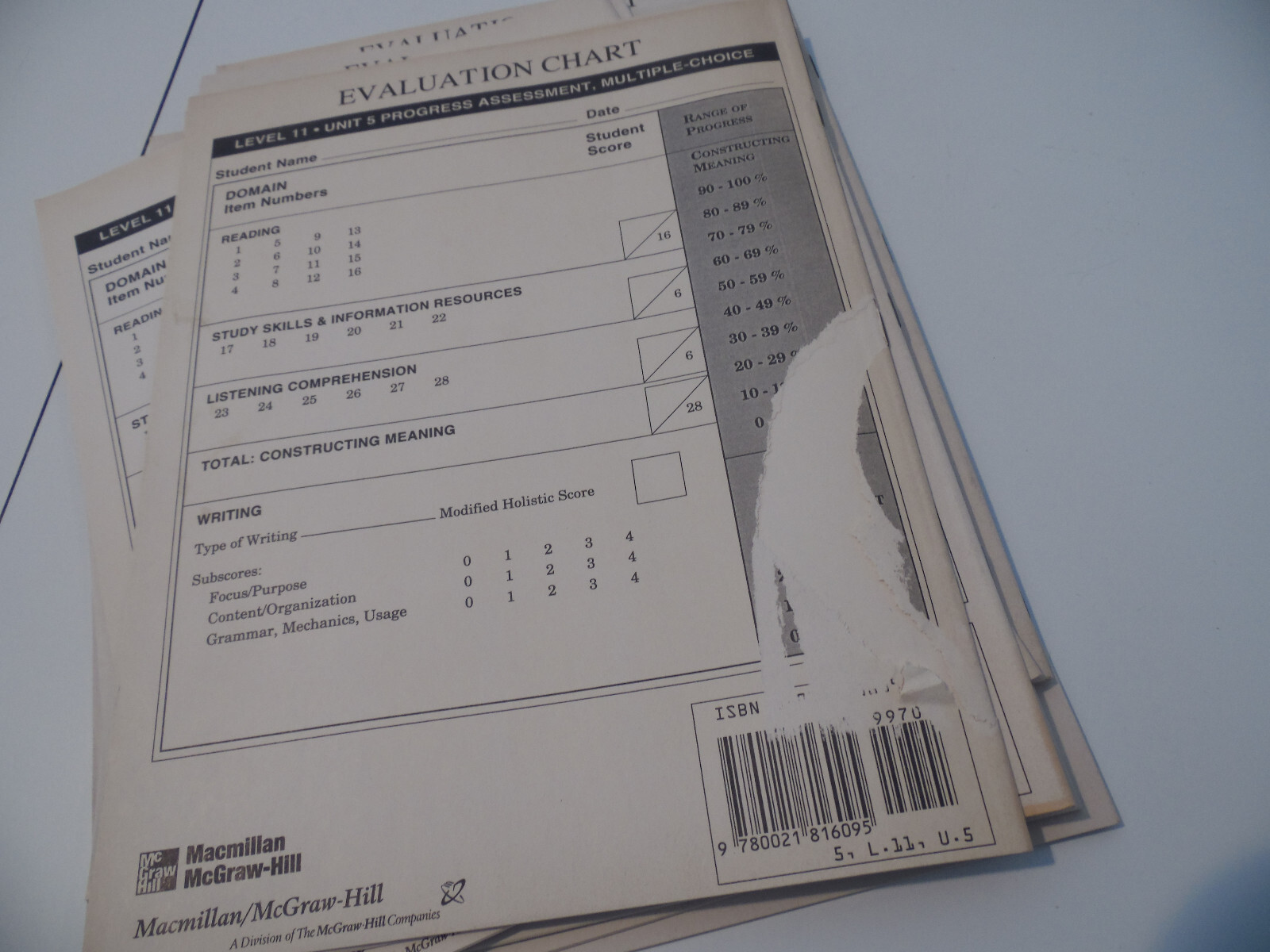 Progress Assessment Reading Writing Listening Blackline Masters Level 10,11 Lot