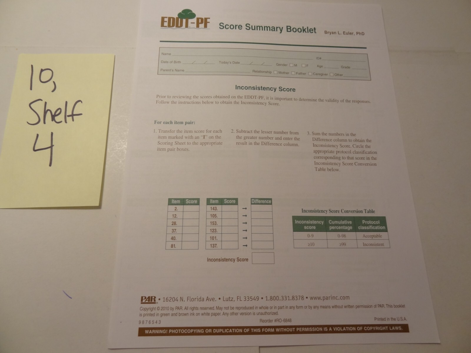 PAR EDDT-PF Score Summary Booklet as Shown
