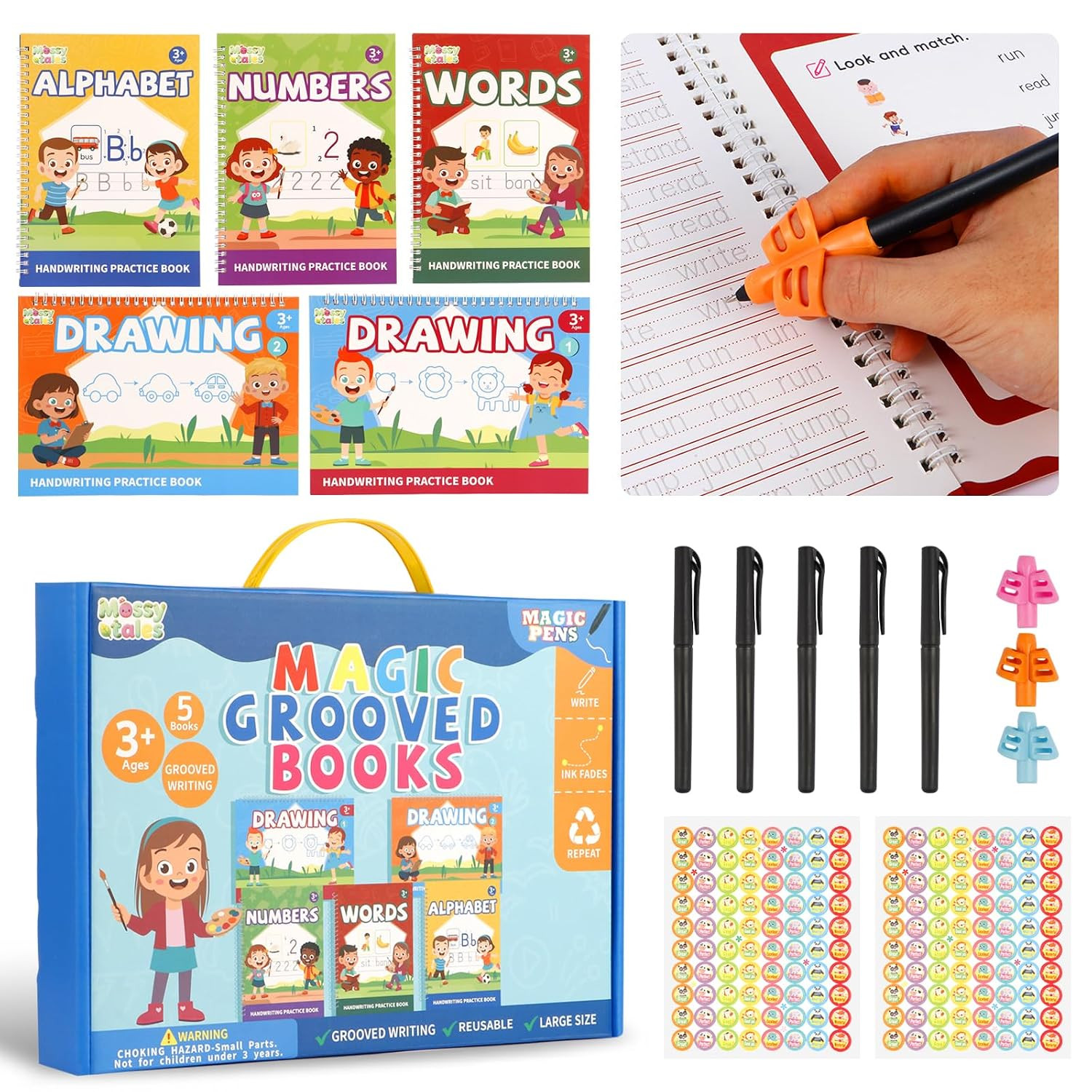 Magic Grooved Handwriting Practice Book for Kids Ages 3-8, Reusable Tracing