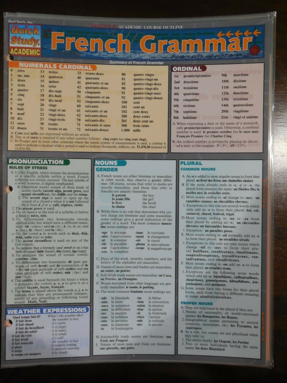 Barcharts French Grammar Quick Study Guide