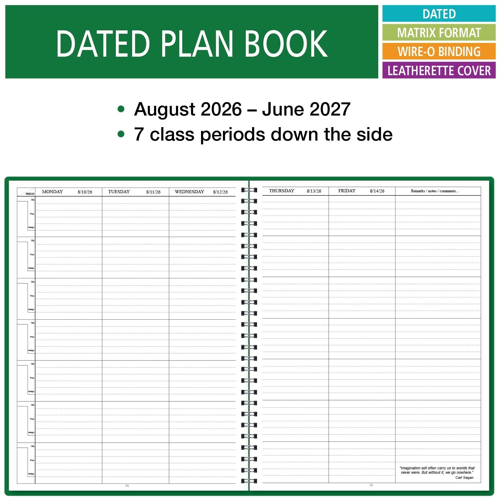 Dated Teacher Lesson Plan Planner 2026-2027 | 7 Periods | Horizontal Layout, Gre
