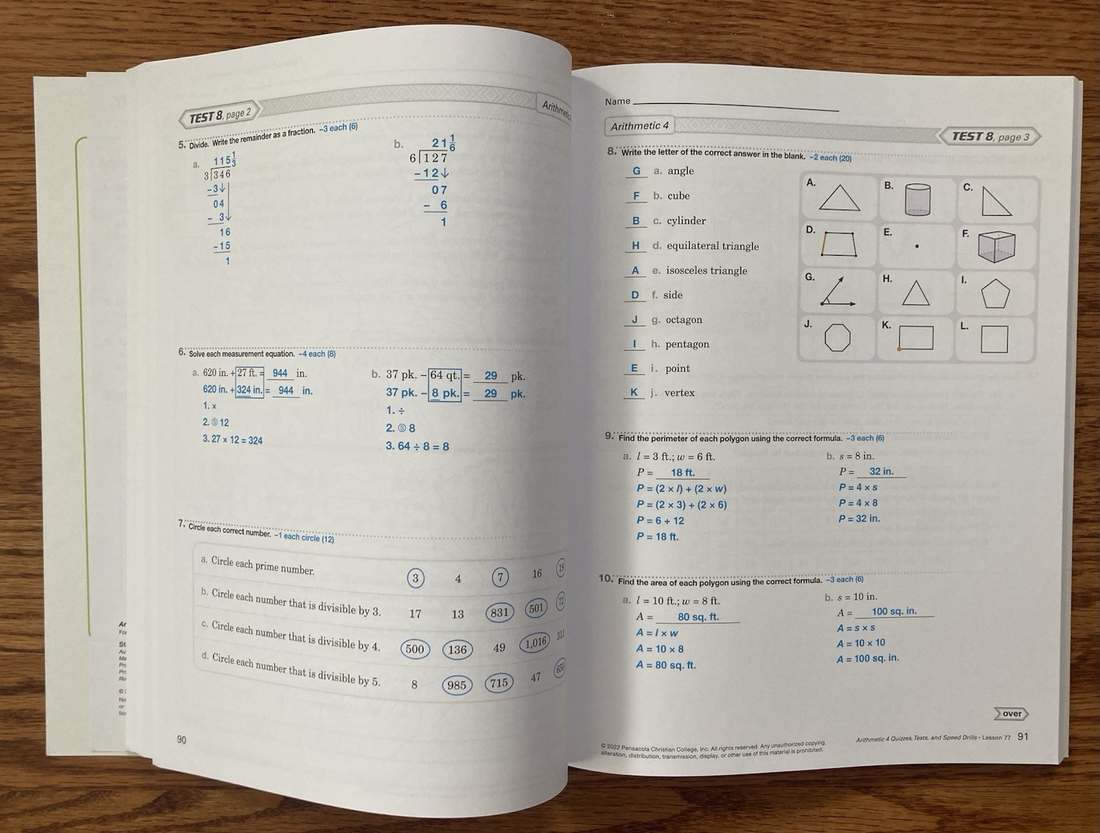 Abeka Arithmetic 4 Fifth Edition Teacher Key and Quiz Test Speed Drill Key
