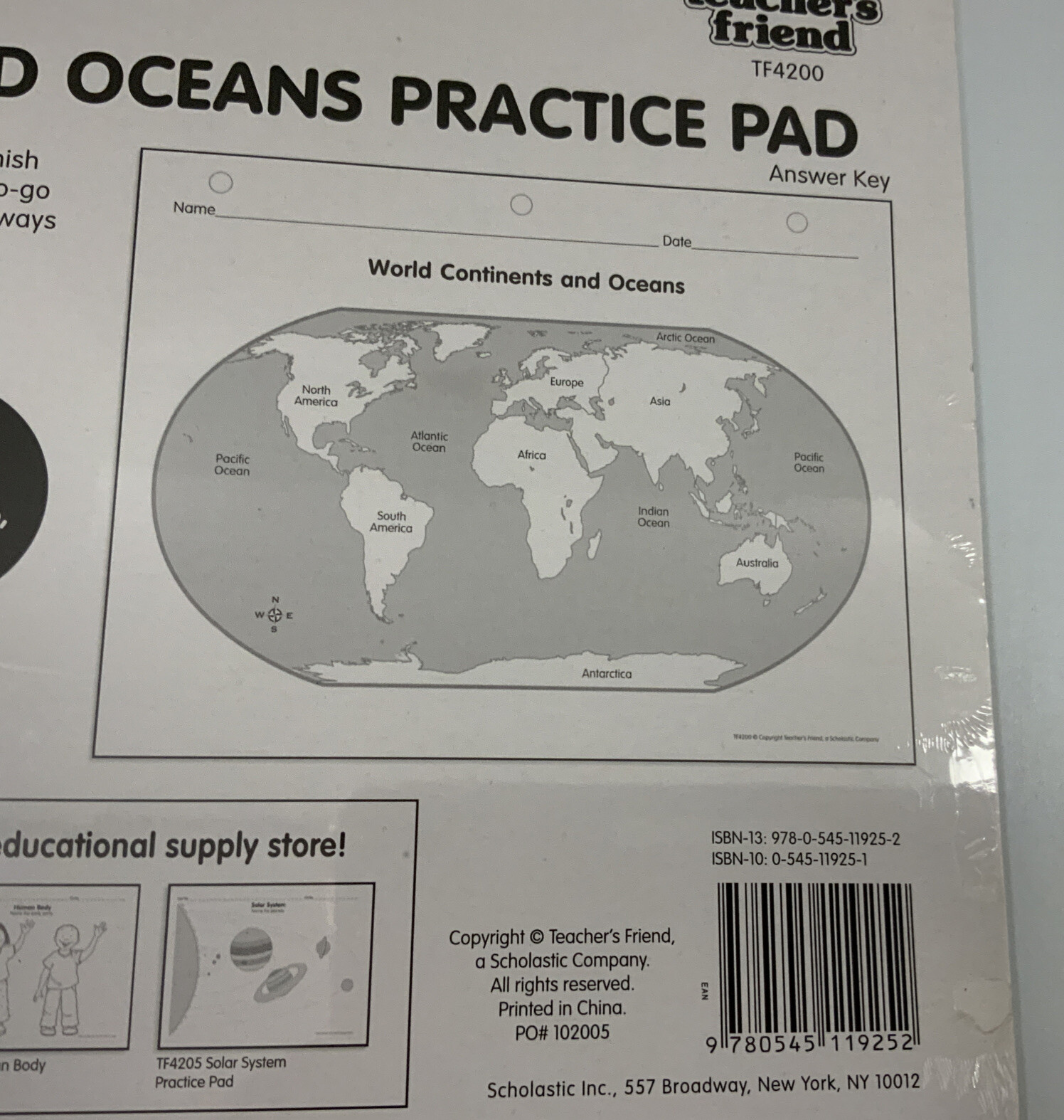 CONTINENTS & OCEANS PRACTICE PAD By Teacher’s Friend Unopened Pack Of 50