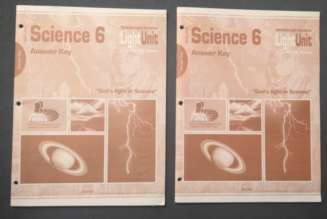 Christian Light Education CLE Science 6 Answer Keys 601-609, Sunrise Ed.