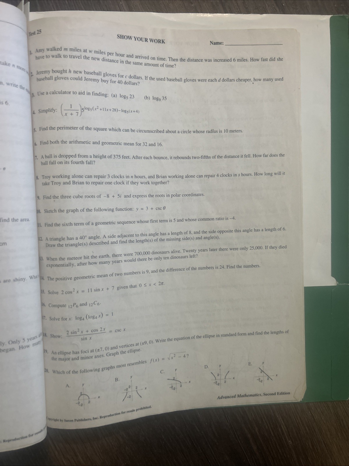 Saxon Math Advanced Mathematics second edition text/homeschool packet/test forms