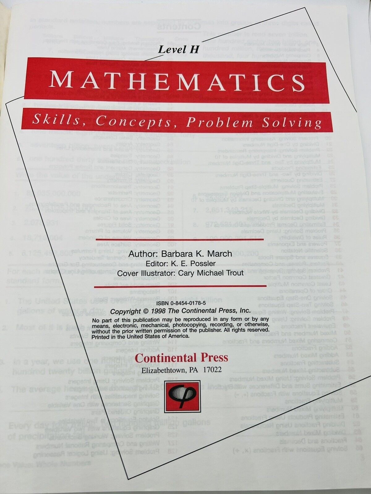 Mathematics Skills Concepts Problem Solving Book H by B K March~Workbook T1 07