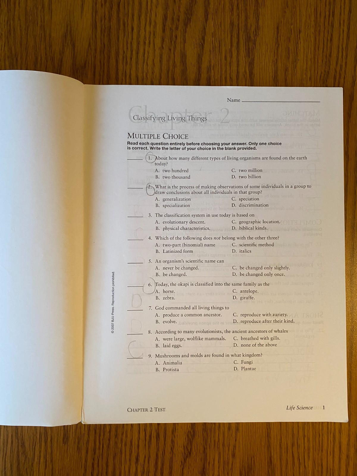 Bob Jones University BJU Life Science Set with Tests and Test Answer Key