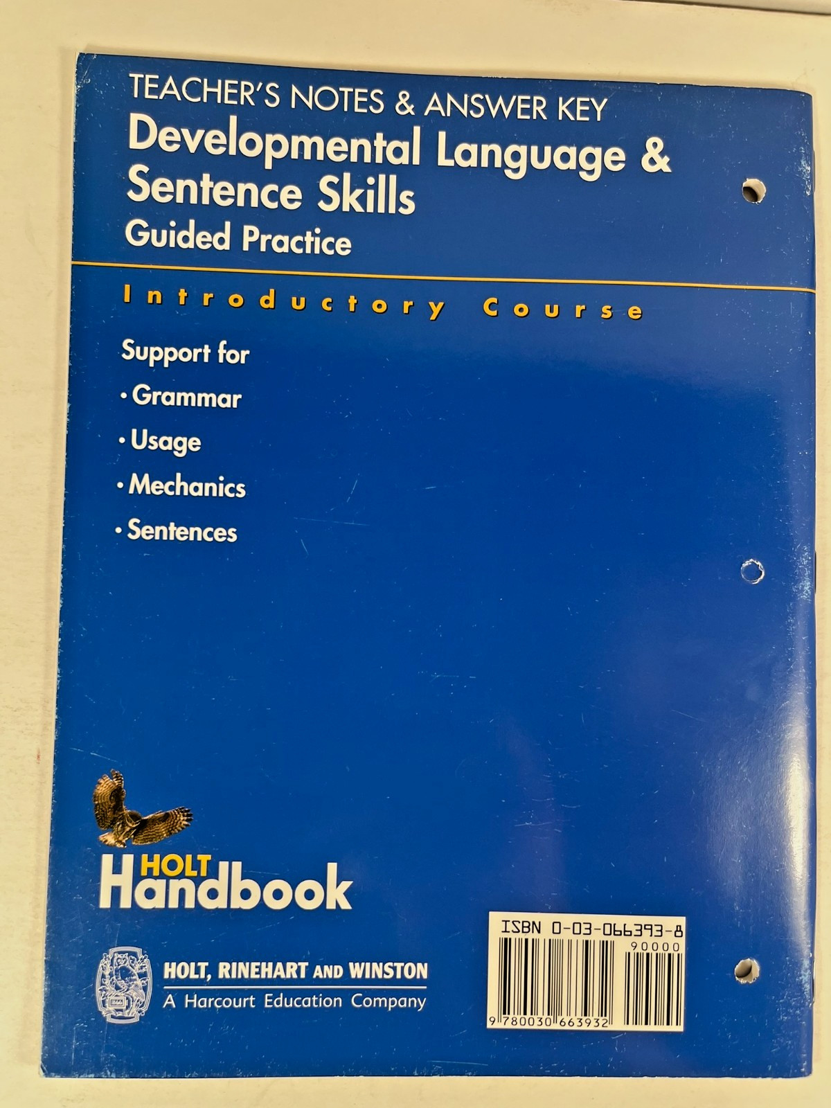 Holt Developmental Language & Sentence Skills Guide Practice TE & ANS 0030663938