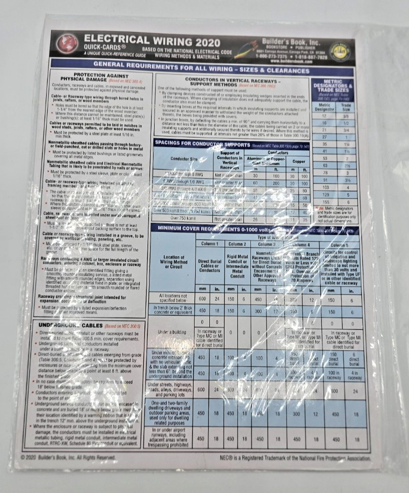 National Electrical Code NEC 2020 Electrician Wiring Quick Card Reference Guide