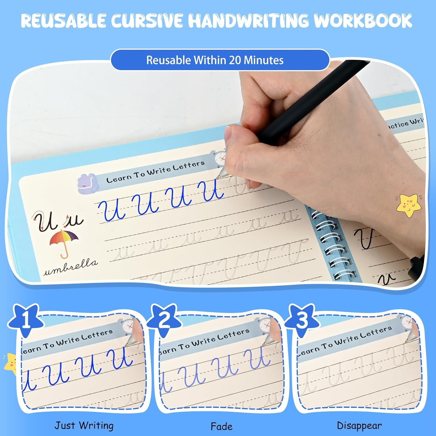 2 Pack Grooved Cursive Handwriting Workbook,Reusable Handwriting Practice Copybo