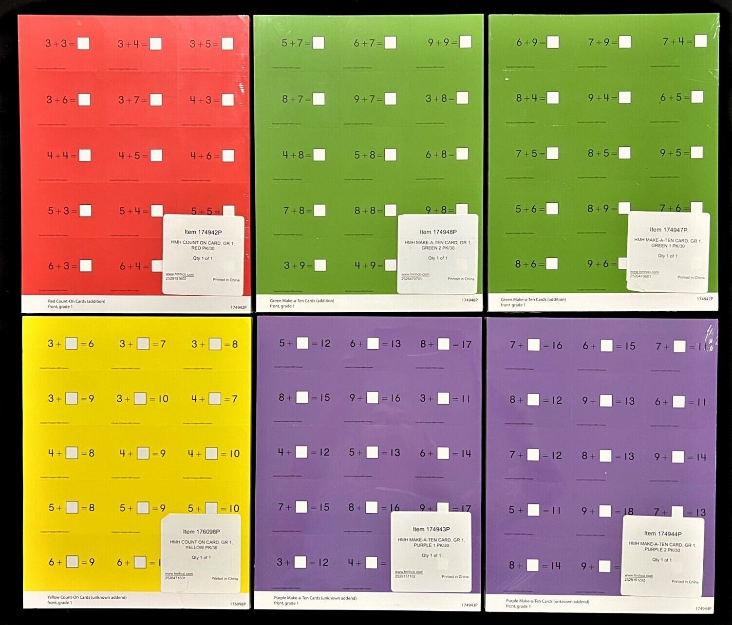 1st Grade – MATH CARDBOARDS CLASS SET – Addition & Subtraction (30/pkg) (6 pkgs)