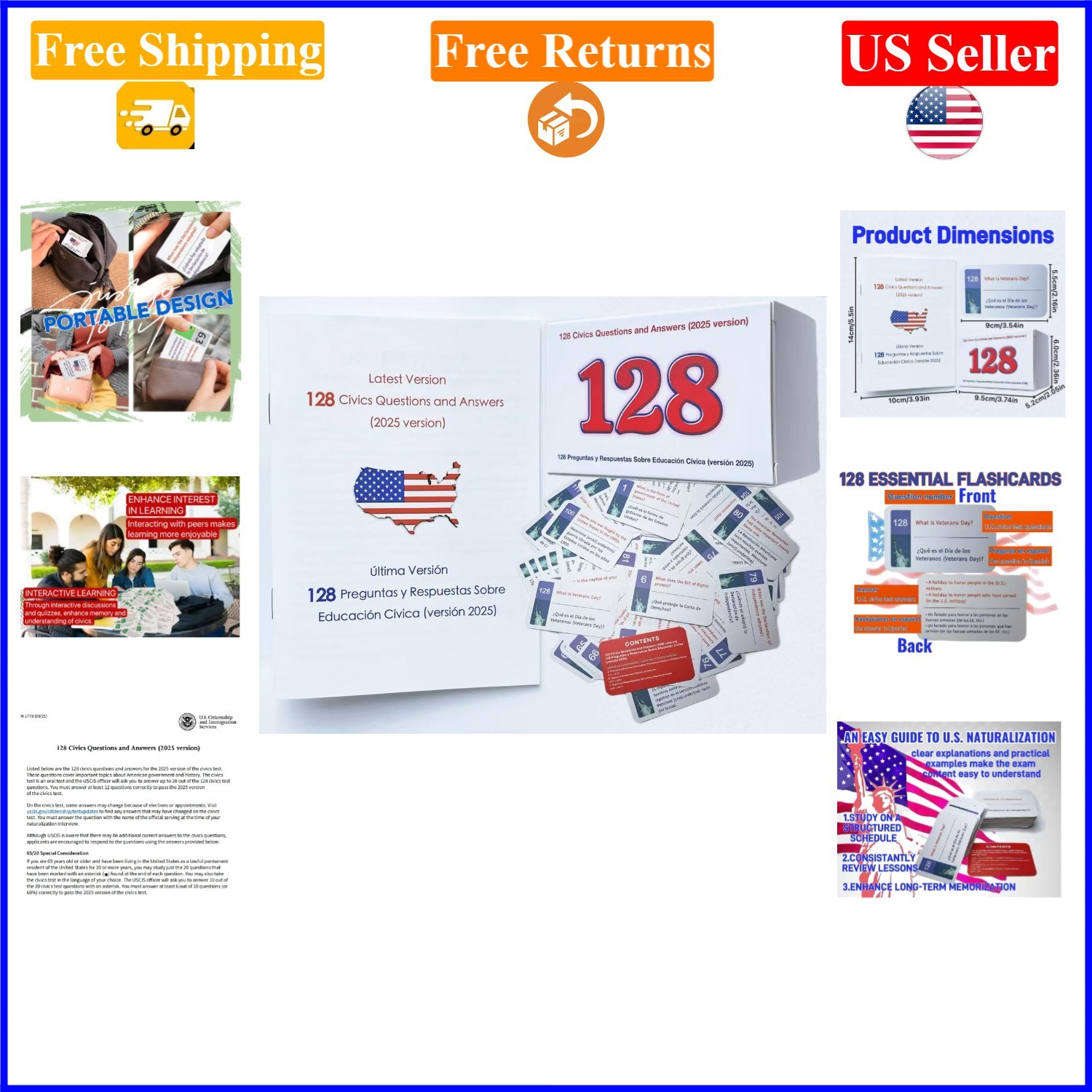 US Citizenship Flash Cards 2026 – 128 Bilingual Civics Study Set for Adults