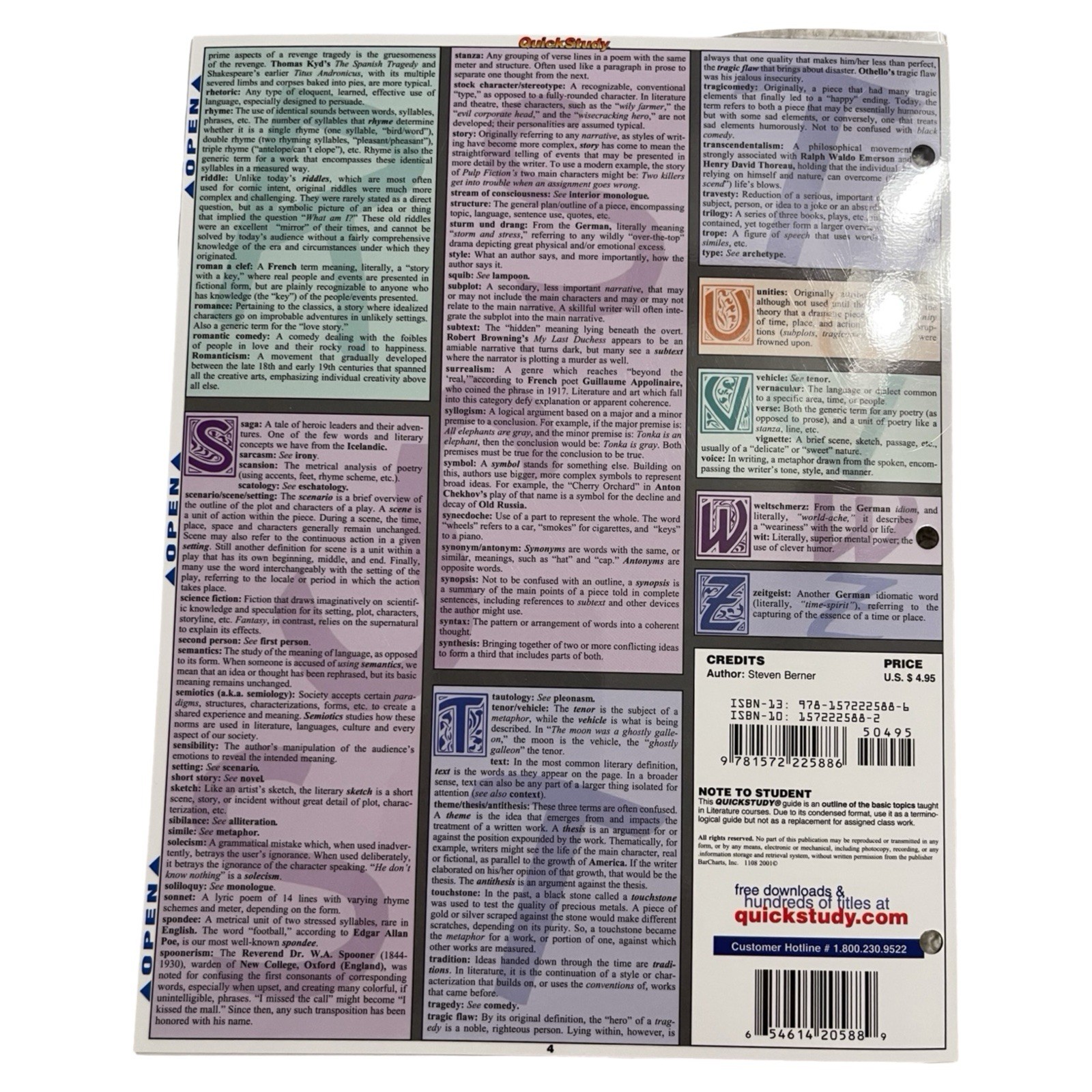 QuickStudy Academic Literary Terms Laminated Folded Study Guide 4pg 2020