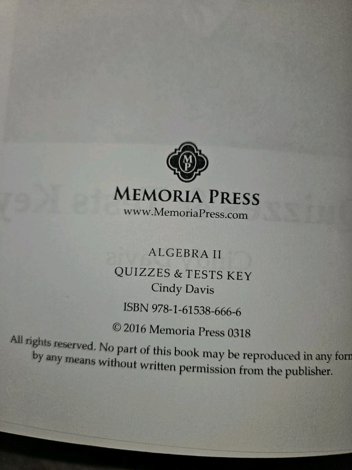 Algebra II Memoria Press Quizzes And Tests And Key