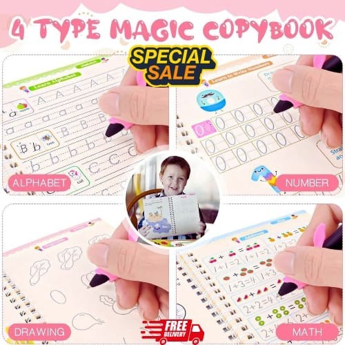 4 PC Reusable Grooved Writing Books for Kids, Magic Copy Books,Reusable Handl