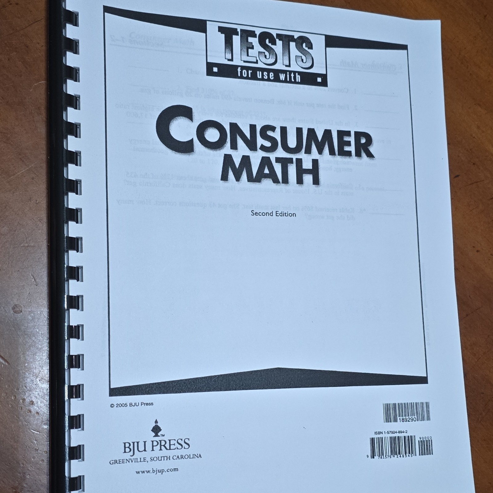 Consumer Math Test ONLY for student textbook 2nd Edition BJU