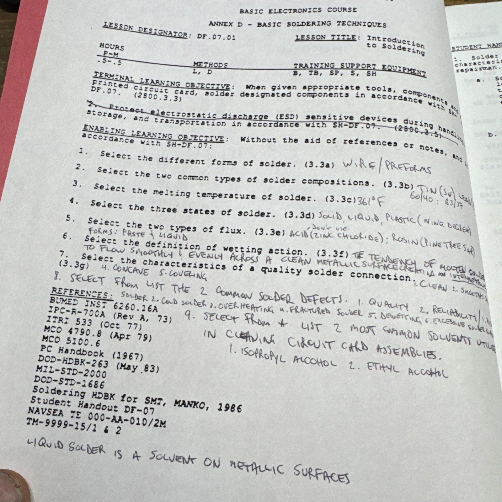 Marine Corps Communication Electronics School Mid 1990’s Workbook DF07 Soldering