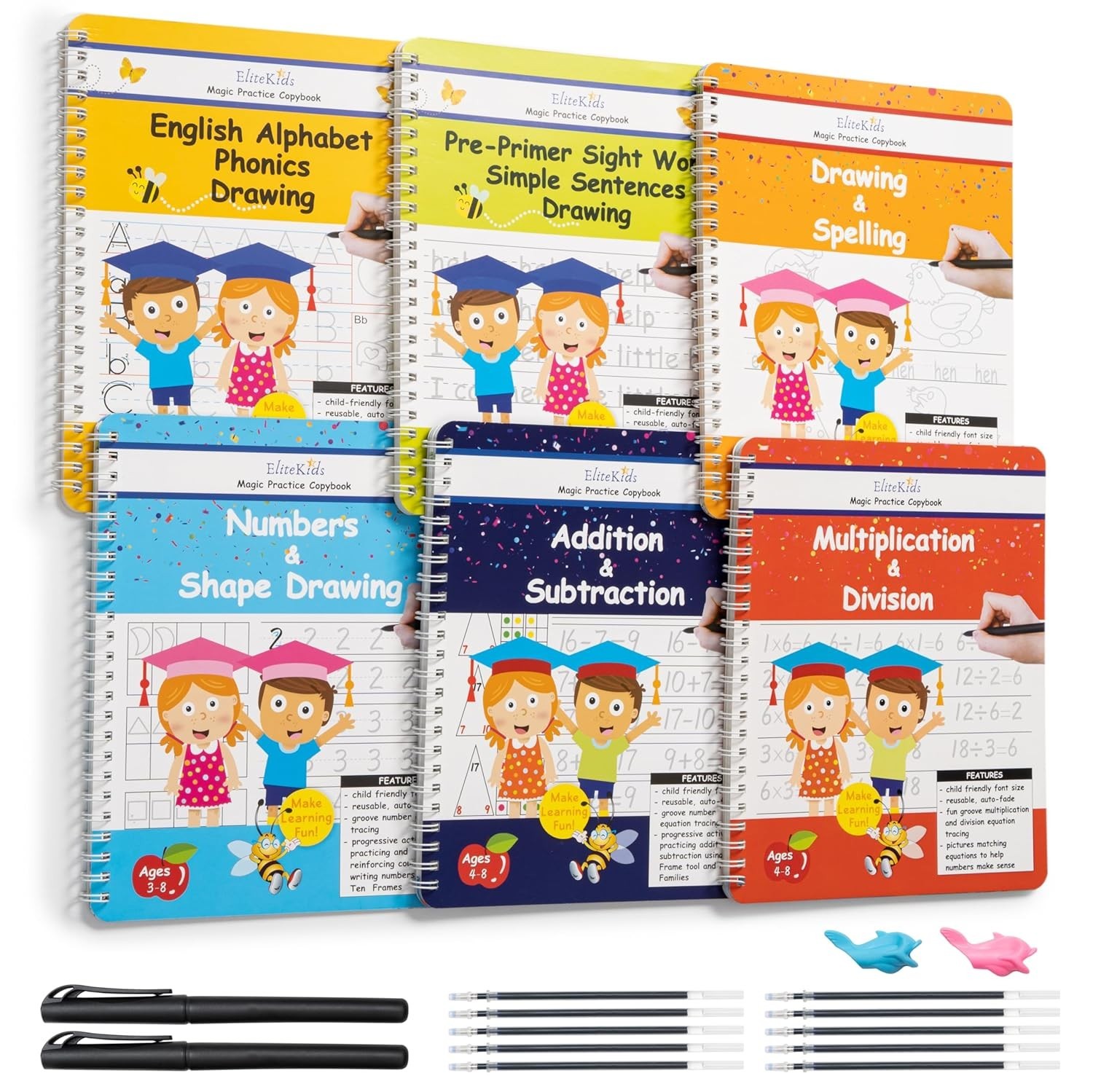 Magic Practice Copybook Set: 6 Reusable Workbooks with Disappearing Ink Pens …