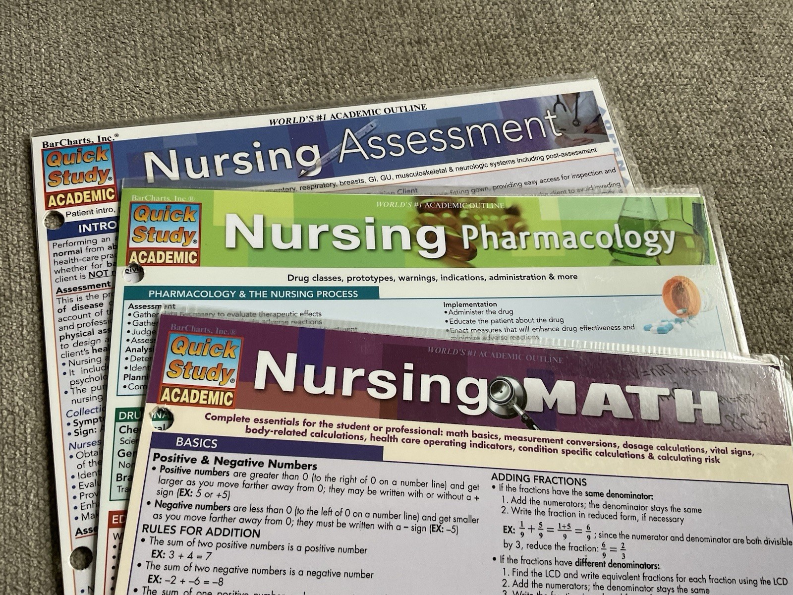 Quick Study Academic Nursing Card Lot Of 3 Pharmacology, Math, Assessment