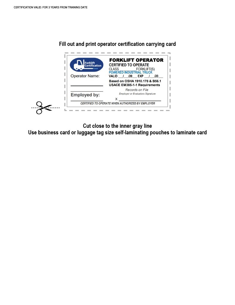 Forklift and Telehandler Operator Certification Kit includes Certificate, card..