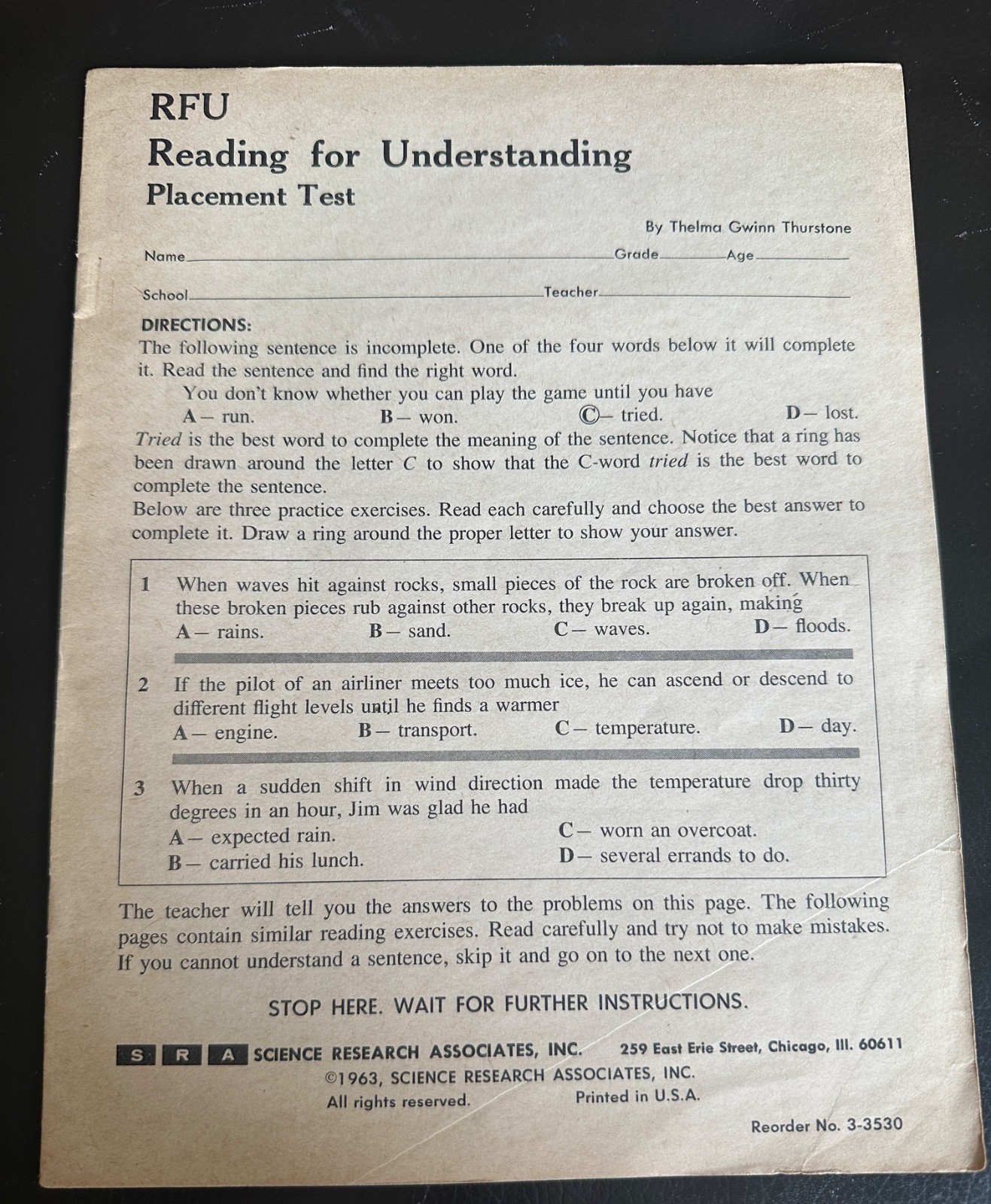 1963 SRA RFU Reading for Understanding Placement Test Booklet #3-3530 USA