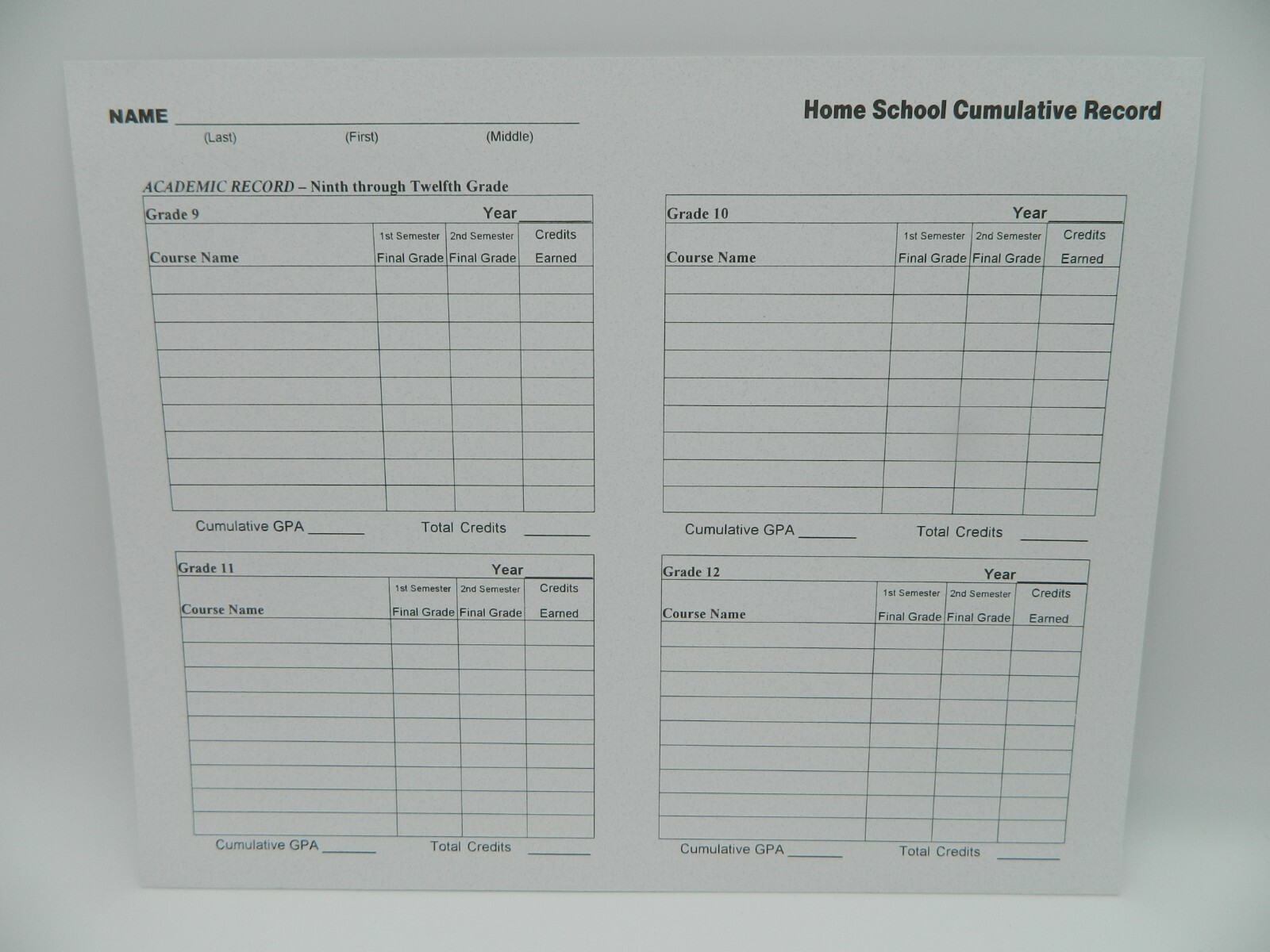 Homeschool Transcript Cumulative Folder 3 PK use w. any Curriculum, Abeka, BJU