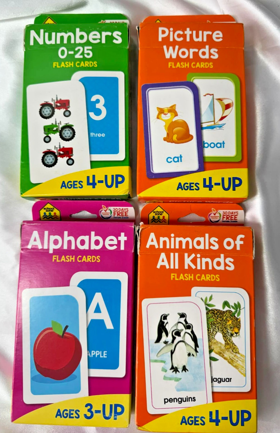 School Zone Flash Cards Numbers 0-25, Animals of All Kinds, Alphabet…Lot of 4