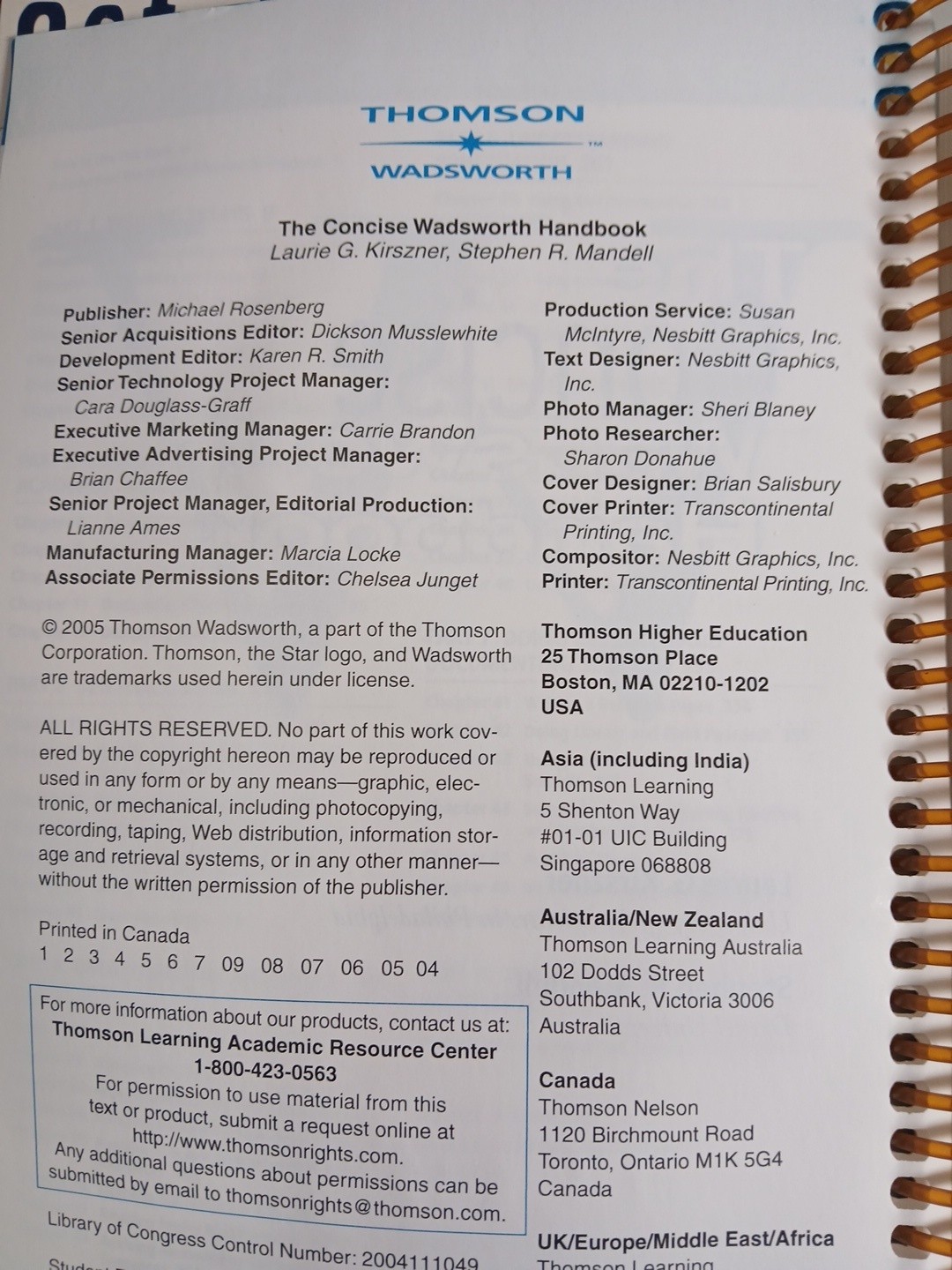 The Concise Wadsworth Handbook Instructors Edition 2005 Writing Aid