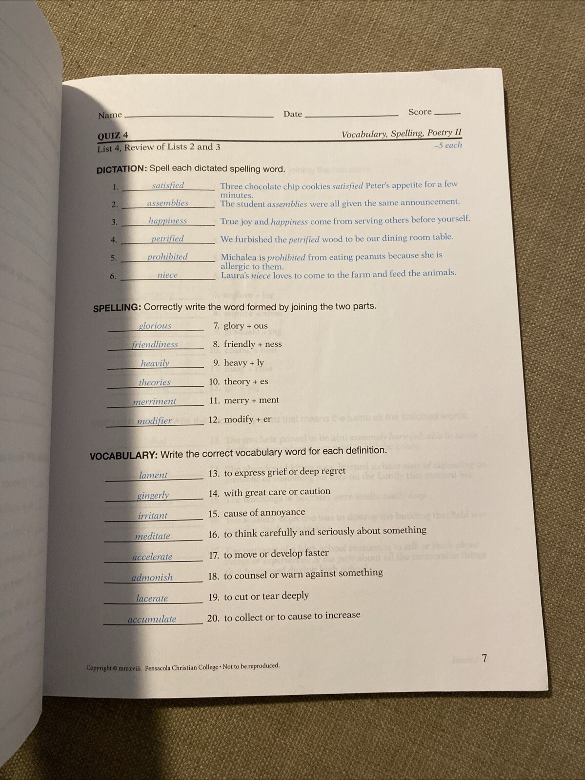 Abeka A Beka Book Spelling Vocabulary II Teacher Key Quiz 30909502 6th Ed.