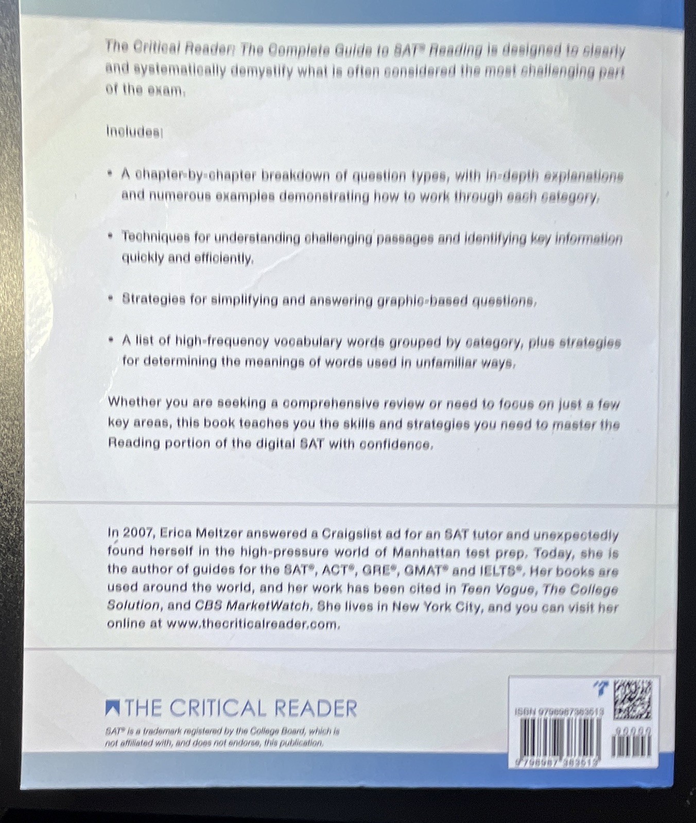 The Critical Reader SAT Reading Study Guide 5th Edition for Digital SAT Meltzer