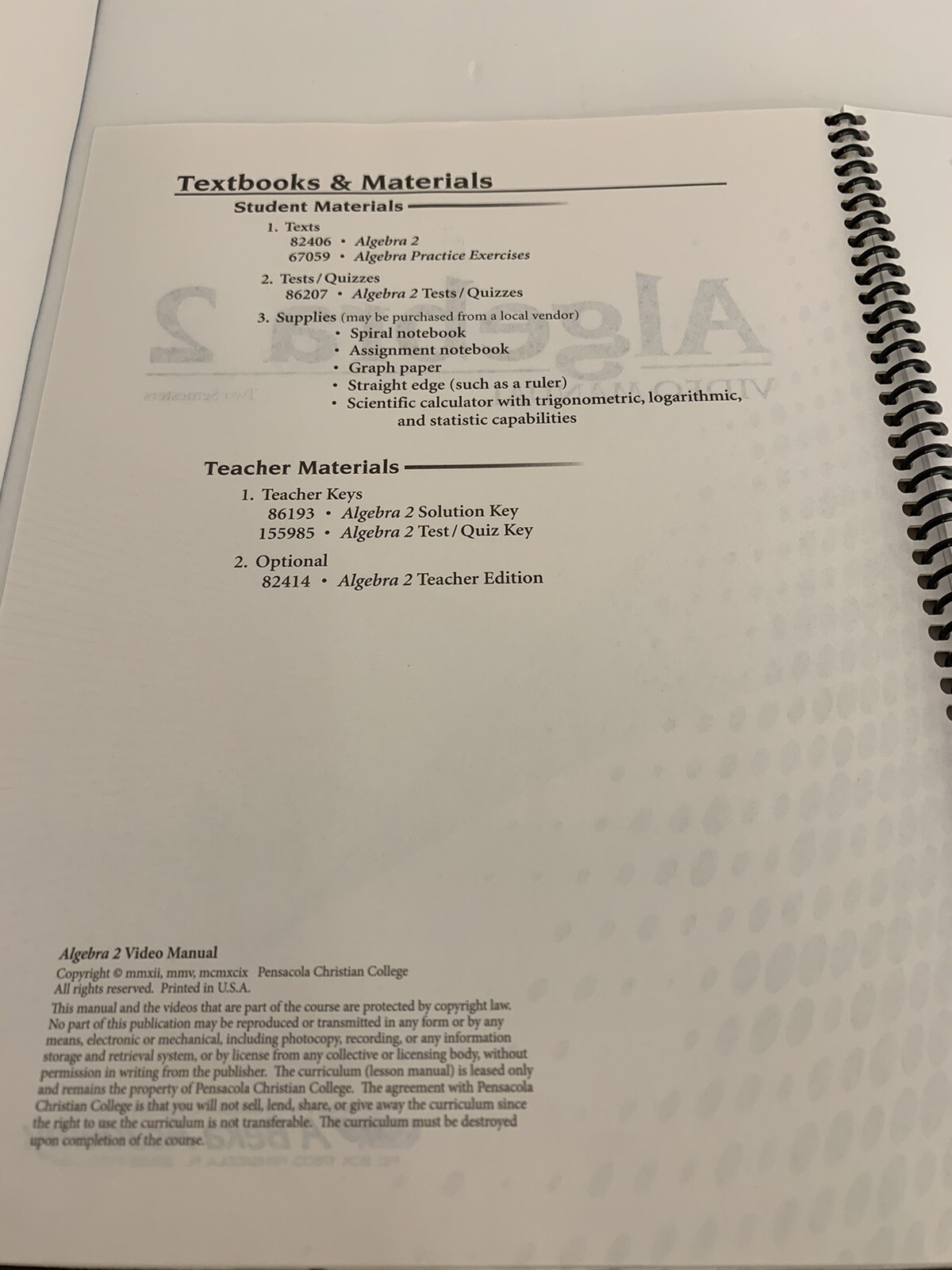 A Beka Book Abeka Academy Video Program Algebra 2 Video Manual
