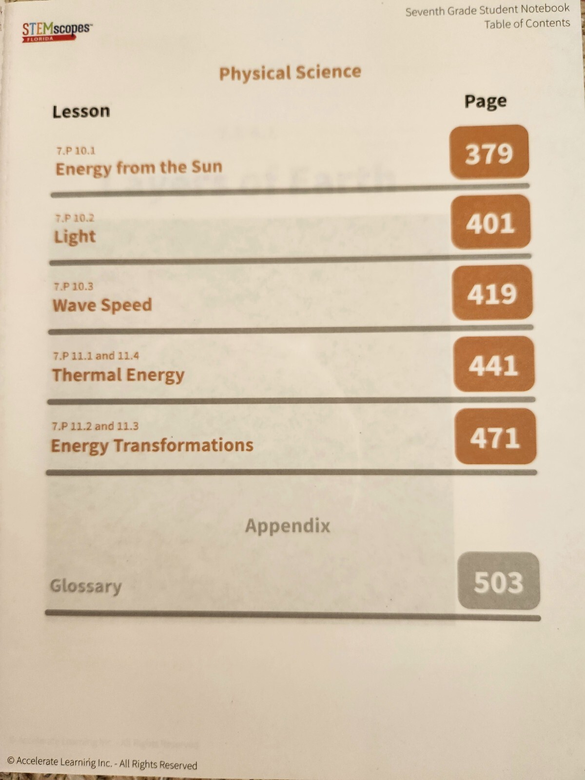 STEMscopes Florida Student 7th Grade Notebook by Accelerate Learning Inc.,- NEW