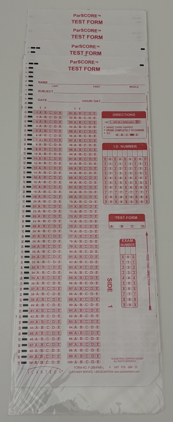 2007 Authentic RED Scantron – F-289-PAR-L Test Forms, 4 Sheets in Open Pkg.