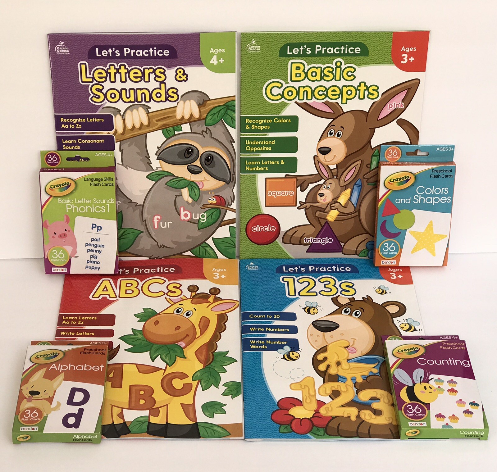 8 Kindergarten, Preschool Math Reading Writing Activities Workbooks & Flashcards