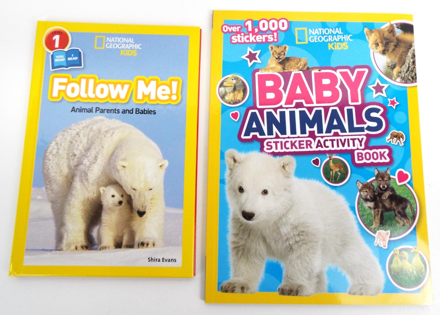 2 Nat’l Geographic Kids books: Follow Me! HC, Baby Animals Sticker Activity NEW
